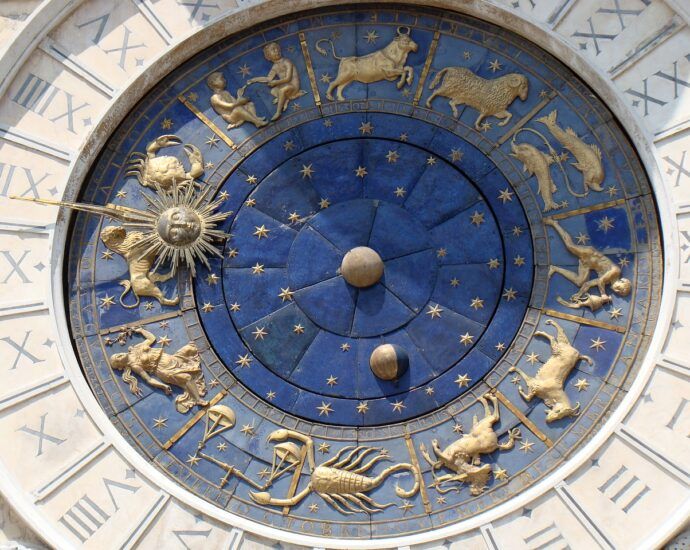 Picture of clock featuring the symbol for each zodiac sign.
