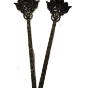 Set of Antiqued gold-tone hair sticks with lotus design and amethyst crystal accent.
