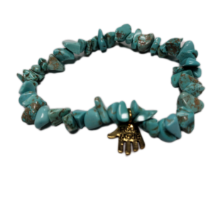 Rough tumbled bead turquoise bracelet with charm that says "handmade"