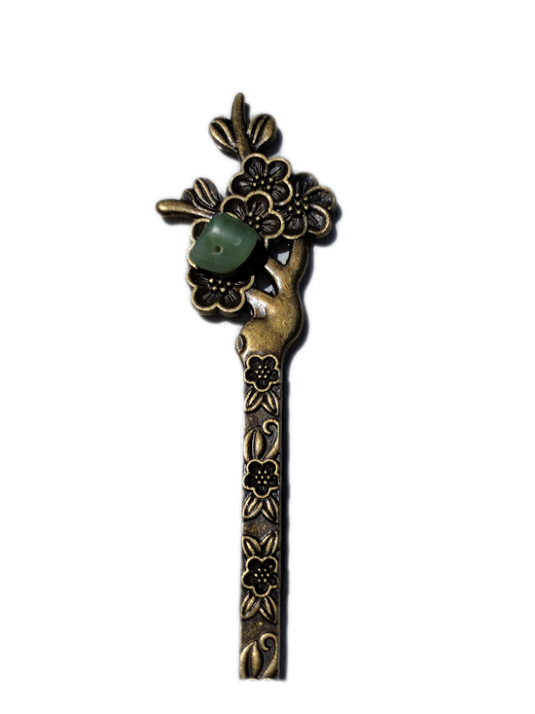 Antiqued gold-tone hair stick with cherry blossom design and jade crystal accent close up image