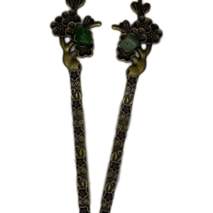 Set of Antiqued gold-tone hair sticks with cherry blossom design and jade crystal accent