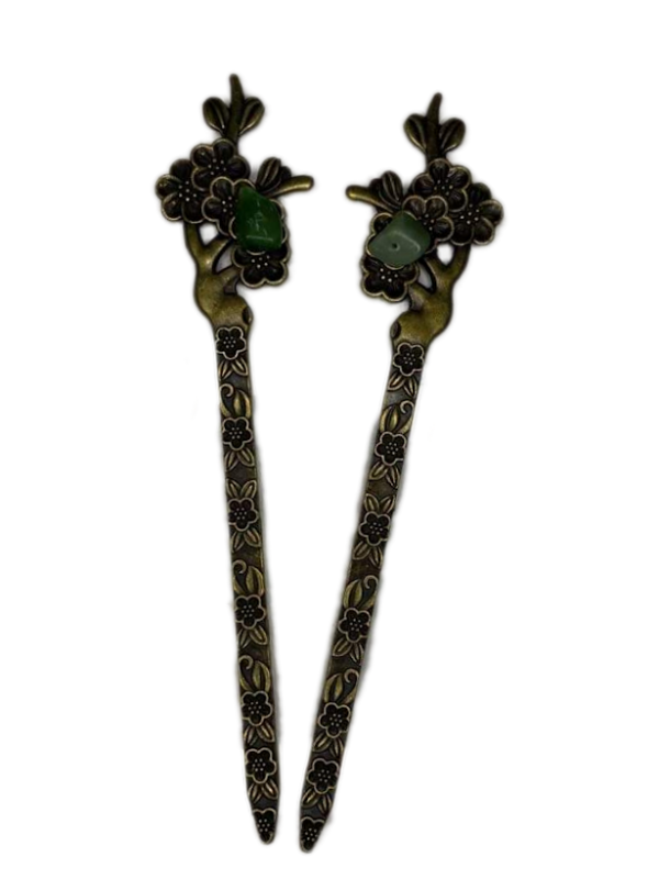 Set of Antiqued gold-tone hair sticks with cherry blossom design and jade crystal accent