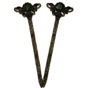 Set of Antiqued gold-tone hair sticks with floral design and jade crystal