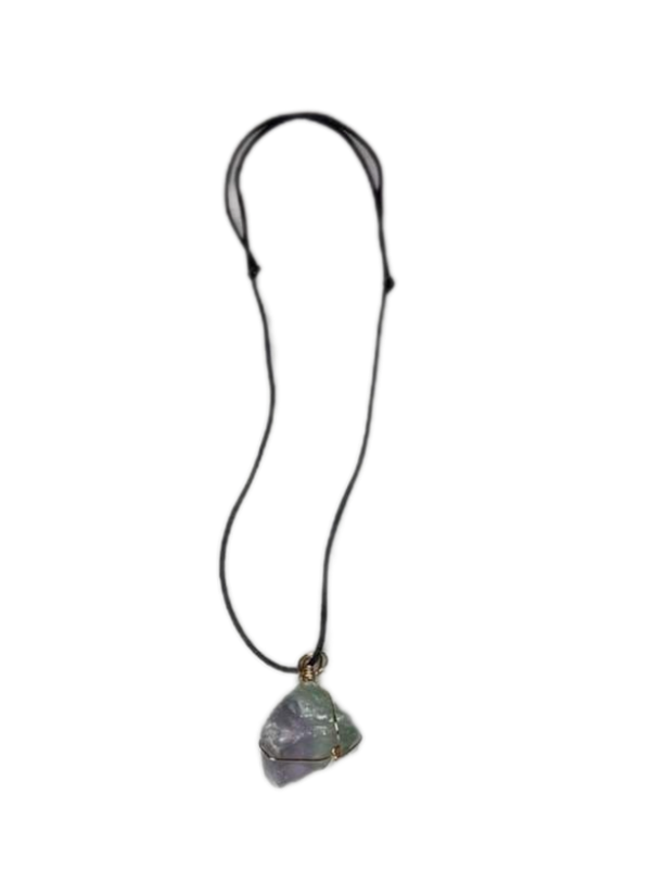 Fluorite wrapped in gold wire necklace on an adjustable black nylon cord.