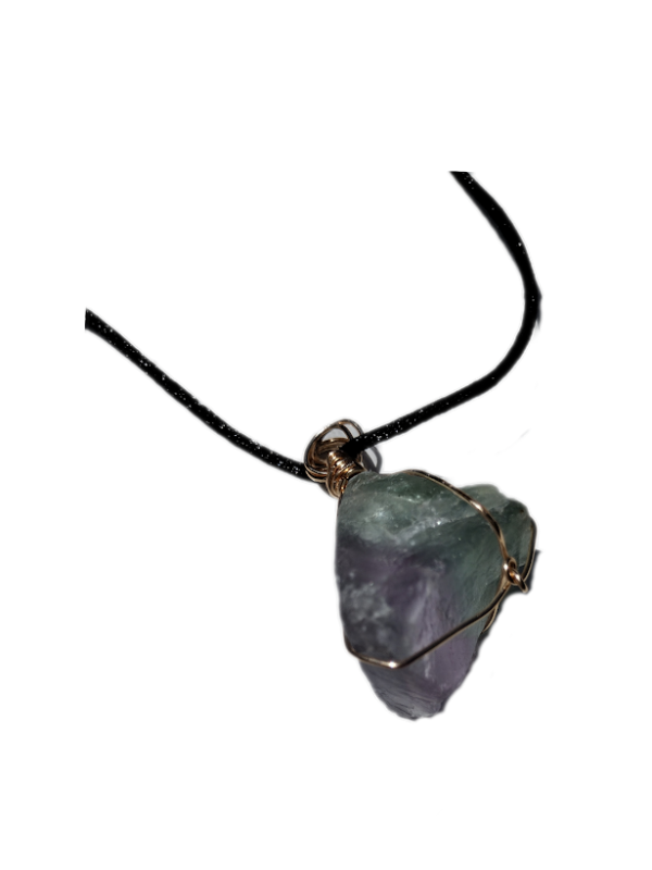 Close up image of Fluorite wrapped in gold wire necklace on an adjustable black nylon cord.