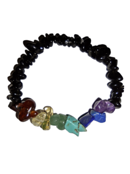 Obsidian, garnet, tiger's eye, citrine, green aventurine, turquoise, lapis lazuli, and amethyst rough tumbled beads on a bracelet.